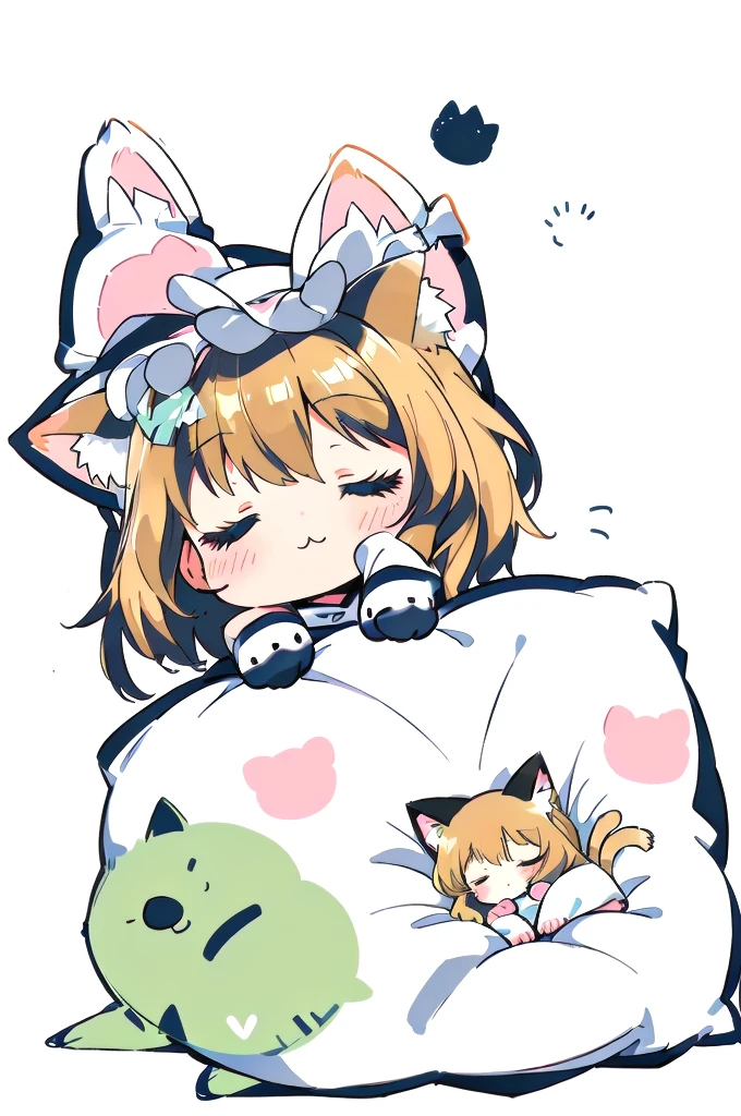 A cartoon of a cat sleeping on a pillow and another cat sleeping on it, there is nothingmimi, Cat girl, Beasts, There is a cat next to her, Cat girl, cute anime Cat girl, Ah ah, there is nothing, anime Cat girl, Anime Cat, dlc, kirisame marisa, cute cat, Petting a cat