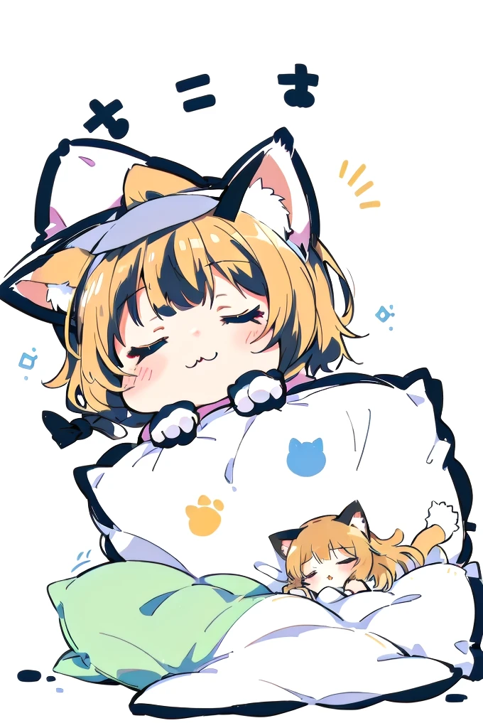 A cartoon of a cat sleeping on a pillow and another cat sleeping on it, there is nothingmimi, Cat girl, Beasts, There is a cat next to her, Cat girl, cute anime Cat girl, Ah ah, there is nothing, anime Cat girl, Anime Cat, dlc, kirisame marisa, cute cat, Petting a cat