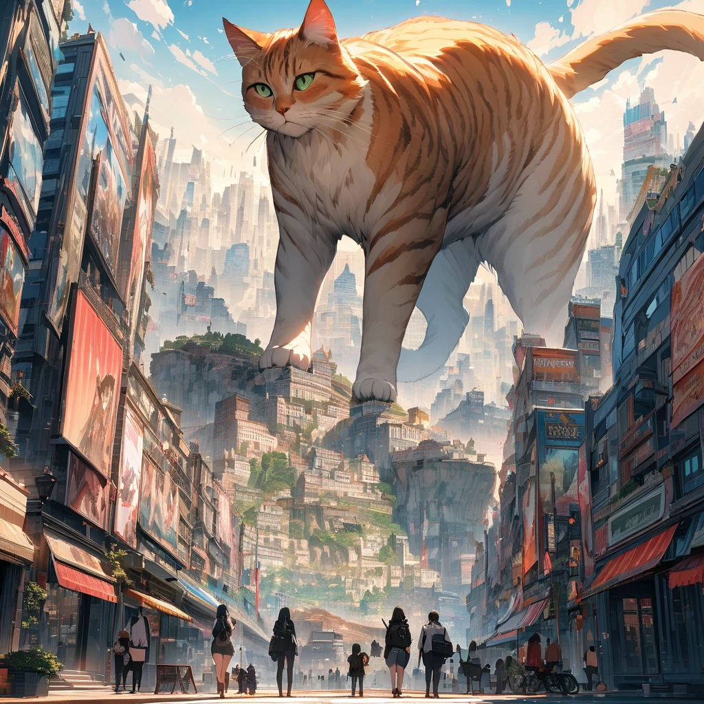Masterpiece, ultra detailed, beautiful,Super Saturation, arcadia , Giant cat,size comparison,

