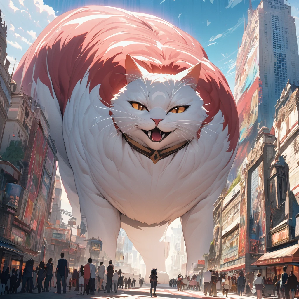 Masterpiece, ultra detailed, beautiful,Super Saturation, arcadia , Giant cat,size comparison,
