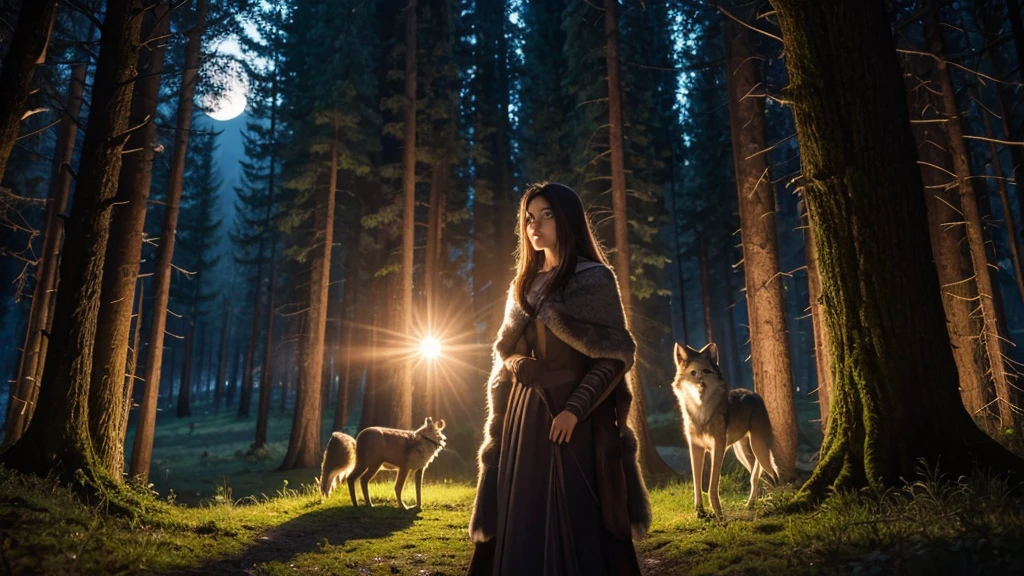 beautiful girl in forest in moon light with wolves
