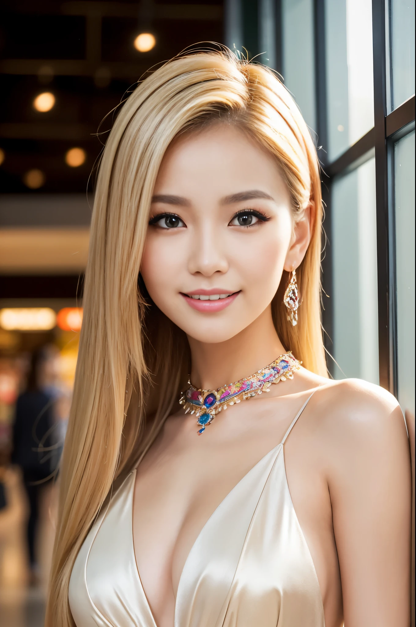 (masterpiece:1.4), (best quality:1.4), ultra high res, ultra high resolution, ((detailed facial features)), HDR, (realistic, photorealistic, photo-realistic:1.37), closeup, sexy seductive Thai woman, (seductive smile), long lashes, beautiful makeup, platinum blonde hair, fair skin, slender figure, elegant posture, wearing large sparkling colorful jewelery, wearing a business style leather dress, standing in a large shopping mall, gentle sunlight shining through the shopping mall windows, casting a soft glow on her face, adding warmth to the scene, vibrant colors, capturing the essence of vibrant city life, portrait style, showcasing her natural beauty and grace in a feminine way