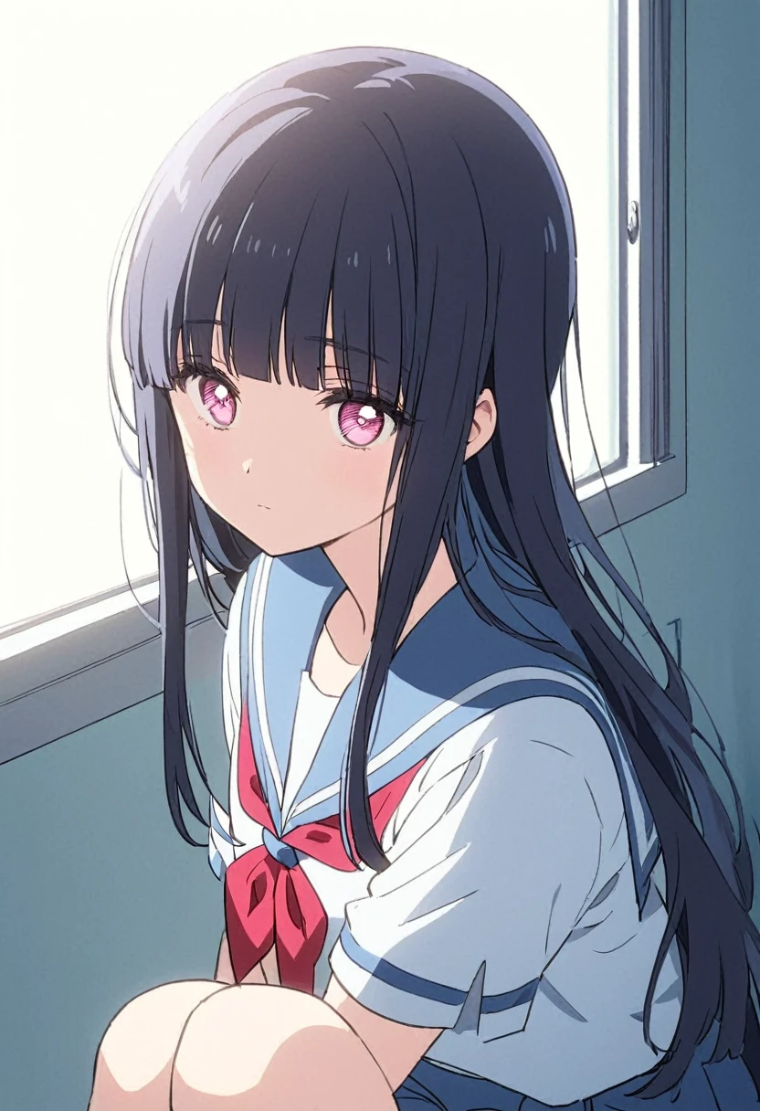 Dark blue hair、Long Hair、Straight Hair、Neat bangs、Pink Eyes、(/Yorozuka Mizore\)、girl、1 person、Single person、独奏、Anime characters、Expressionless、Lethargic eyes、Leaning against the wall、Sunlight streaming through the window、A corner of the classroom、Upper body only、Sitting、Keep your arms on your knees、Sailor suit with light blue collar、全体的に白色で水色のリボンの着いたセーラー服を着た一人のgirl