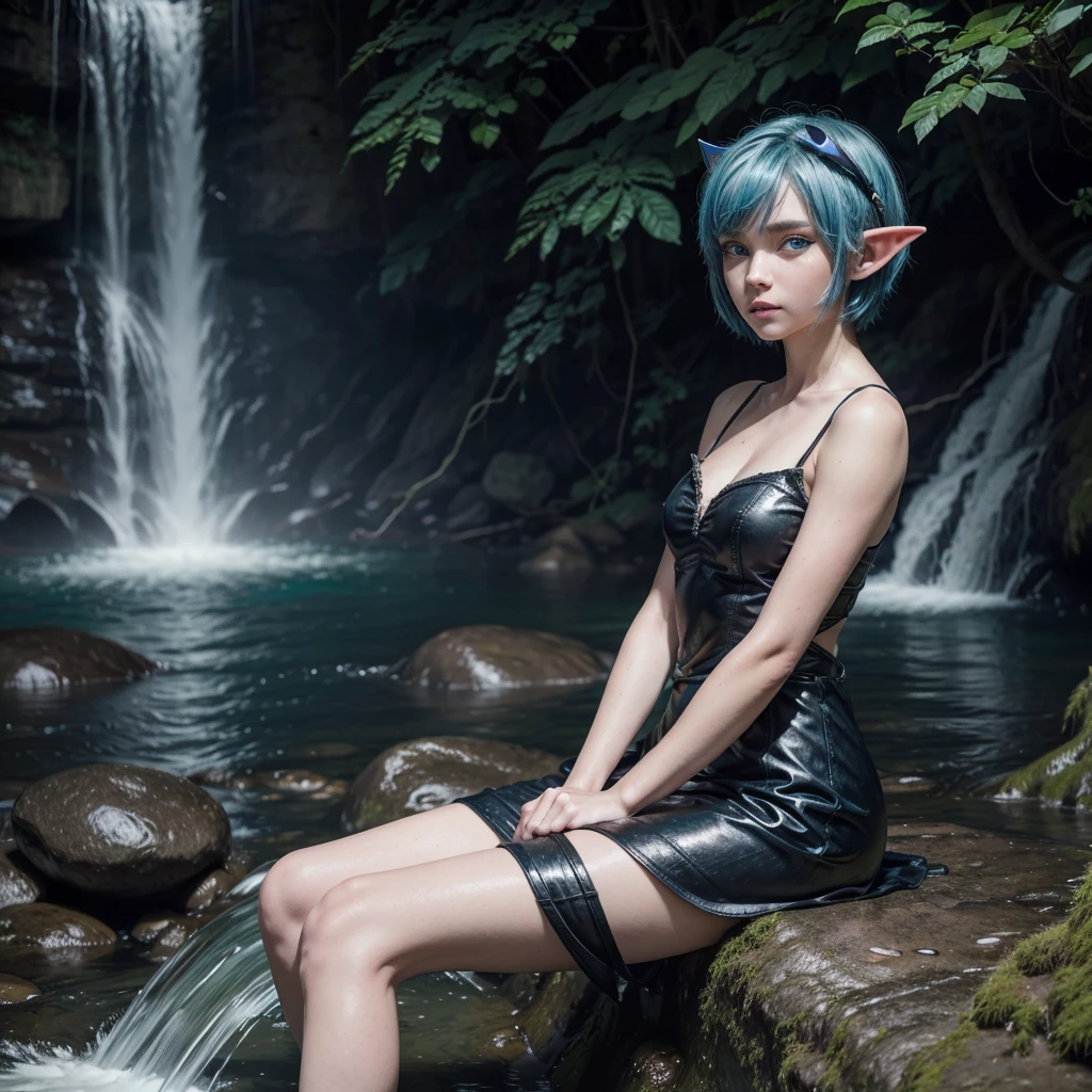Humanoid creature, elf ears, blue eyes, short hair, sitting close to a waterfall