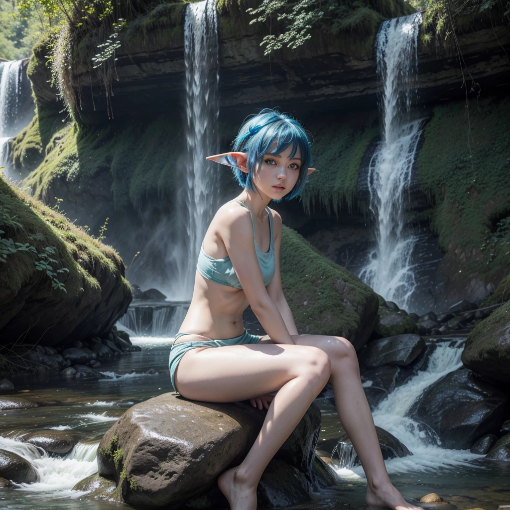 cowboy shot view, (only 1 Elf WOMAN), Aqua hair twin braids, blush, body measurements 90 57 90, big eyes, (symmetrical and mischievous face), ((sitting by the sea, 30% Bikini)), random pose, Natural side light, In the background there is a cenote in the middle of the Mayan jungle, Intricate details, Canon EOS R50 camera with Canon R50 RF-S 18-45mm IS STM lens