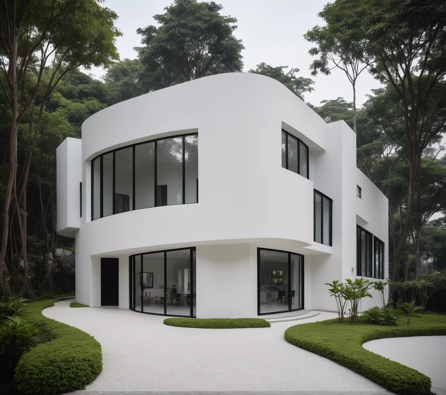 ,a modern one-story house with a minimalist design, (very small house: 1.2) ,((with a facade less than 4 meters wide:1.2)), white and glass materials, wood, large floor-to-ceiling glass windows, tropical plants and trees. (house as the showroom mini furniture:1.2), front view, elevation viewRAW photo, a photo of a modern house, (curvilinear archrchitecture:1.4), Wabisabi style rounded wall, white wall, steel black gate, sidewalk, sidewalk trees, ((grey gate:1.2)), road, viet nam modern residence, ((architectural shot)), rough white wall, new residential area, wide angle exterior 2022, contemporary house, exterior photography, masterpiece, contemporary architecture, overcast, indirect lighting