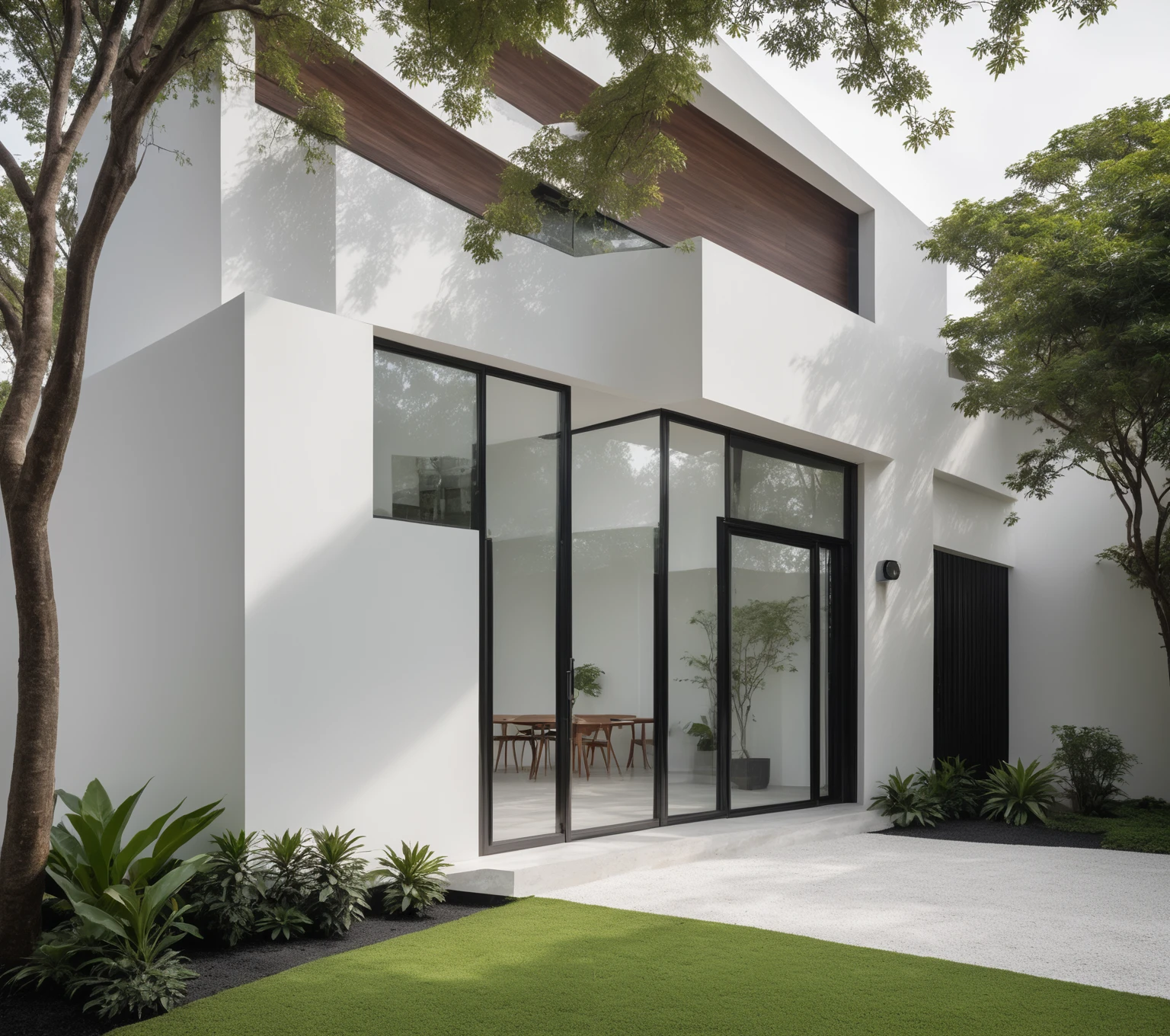 ,a modern one-story house with a minimalist design, (very small house: 1.2) ,((with a facade less than 4 meters wide:1.2)), white and glass materials, wood, large floor-to-ceiling glass windows, tropical plants and trees. (house as the showroom mini furniture:1.2), front view, elevation viewRAW photo, a photo of a modern house, (curvilinear archrchitecture:1.4), Wabisabi style rounded wall, white wall, steel black gate, sidewalk, sidewalk trees, ((grey gate:1.2)), road, viet nam modern residence, ((architectural shot)), rough white wall, new residential area, wide angle exterior 2022, contemporary house, exterior photography, masterpiece, contemporary architecture, overcast, indirect lighting