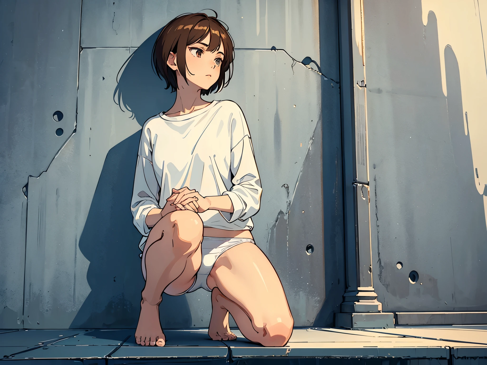 beautiful girl, slender, boyish, very short hair, brown hair, (wear a white long-sleeved T-shirt), (white bikini panties) , Perfect hands, Perfect body, sit against the wall, one Knee , (bare foot), ((looking away)), relaxing, ((Exquisite detail)), Very finely crafted fingers(((10 fingers))), (Full-body showcase), (Show your whole body), (No logos on background), (No logo), (taken from below),