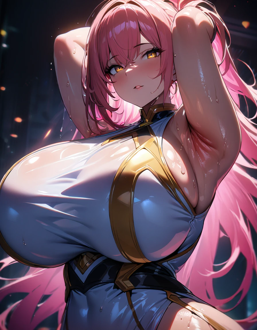 1girl,super huge breasts, pink hair, golden eyes,staring coldly,long hair, body curves, (best quality,4k,highres,masterpiece:1.2),ultra-detailed, dramatic lighting,vibrant colors,cinematic, sweaty armpits, bright skin, shiny golden eyes, golden eyes