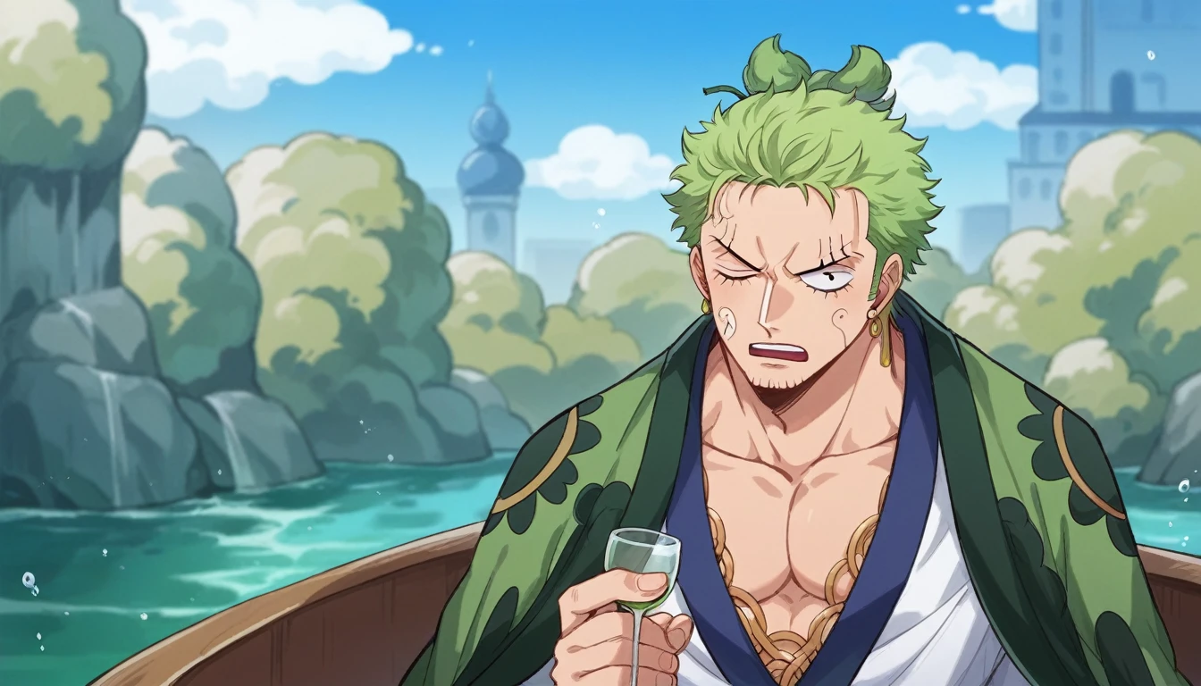 a close up of a person holding a glass of wine, roronoa zoro, from one piece, wearing only a green robe, today's featured anime still, best anime character design, dressed in a green robe, inspired by Eiichiro Oda, one piece, anime visual, eiichiro oda style, green robes, jin kagetsu, ohararyu