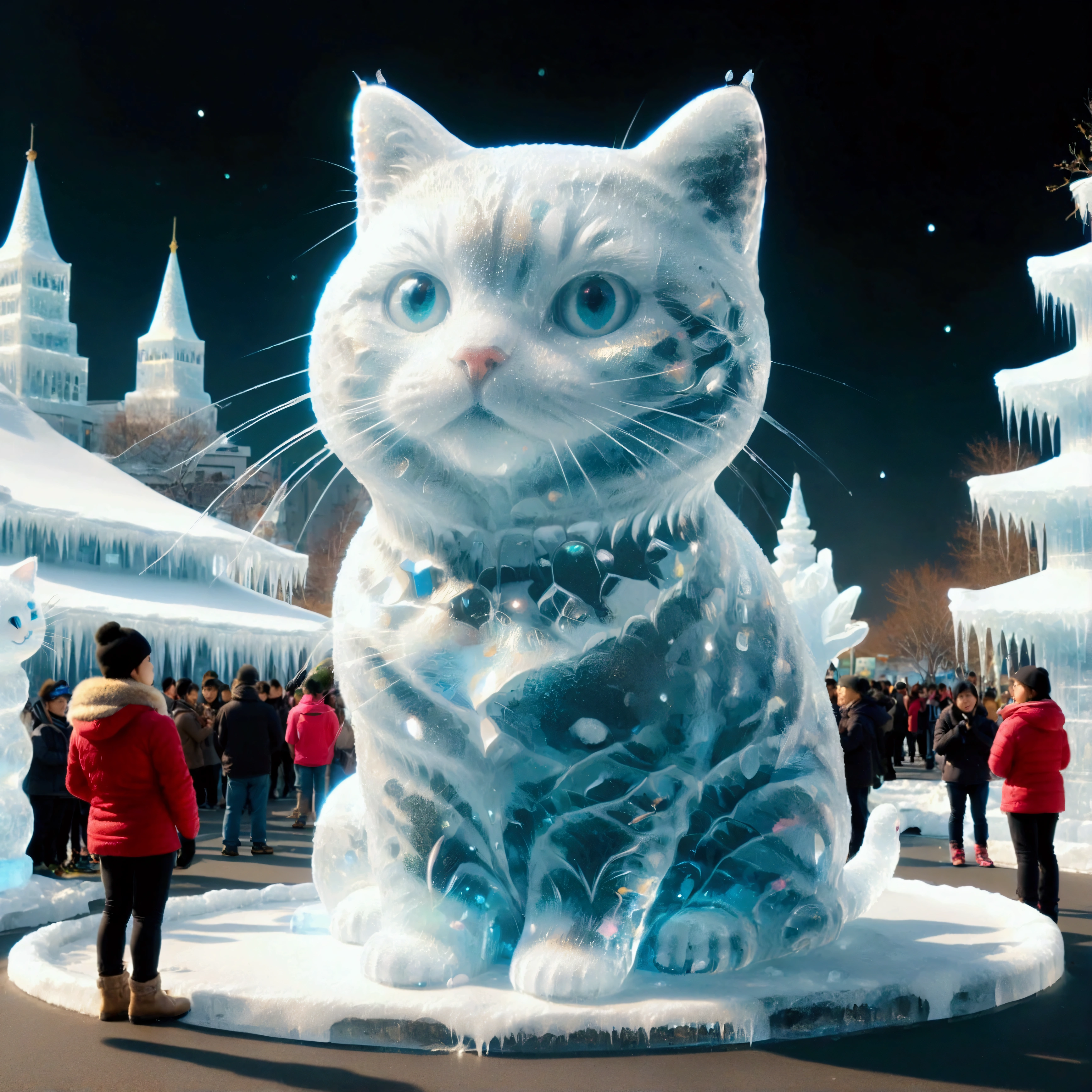 Giant transparent ice sculpture, ice pedestal, (cute little super fat cat sculpture), Sapporo Snow Festival, twinkling lights, Numerous onlookers behind the ice sculpture, (masterpiece), (top quality), (super high detail).