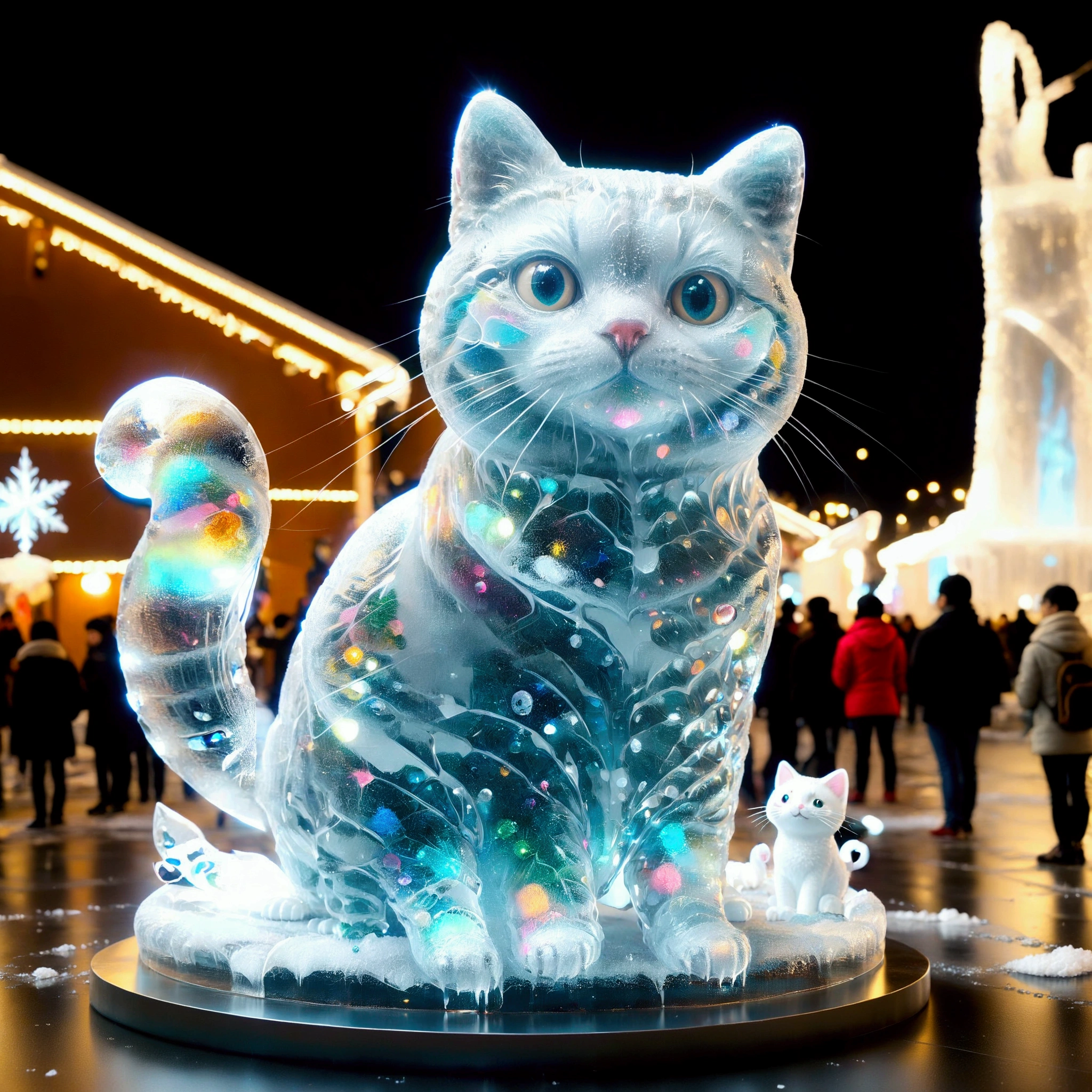 Giant transparent ice sculpture, ice pedestal, (cute little super fat cat sculpture), Sapporo Snow Festival, twinkling lights, Numerous onlookers behind the ice sculpture, (masterpiece), (top quality), (super high detail).