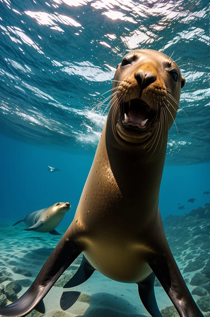 Sea lions swimming towards the front camera