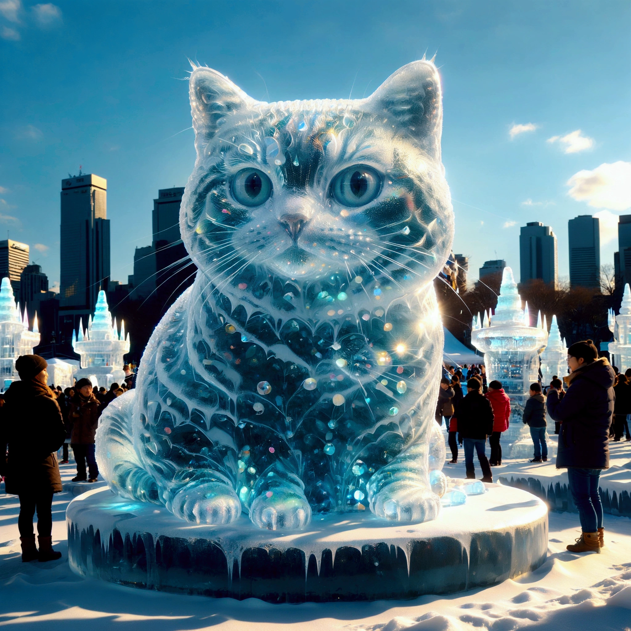 Giant transparent ice sculpture, ice pedestal, (cute little super fat cat sculpture), Sapporo Snow Festival, twinkling lights, Numerous onlookers behind the ice sculpture, (masterpiece), (top quality), (super high detail).