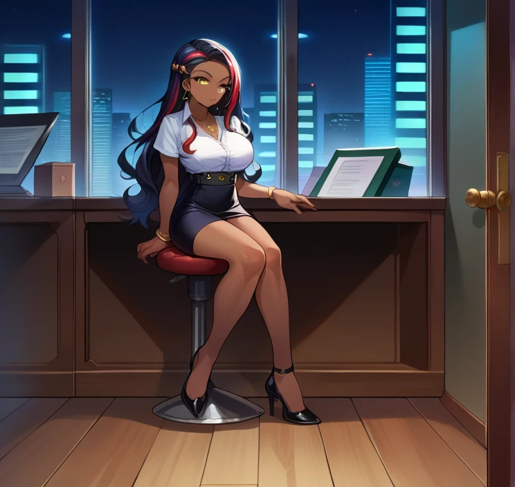 score_9, score_8_up,score_7_up, source_anime, 1girl, solo, EPpkNessa, gold eyes, black hair, red hair, streaked hair,, dark skin, dark-skinned female, necklace, ear piercing,bottonup shirt,high-waist skirt,pantyhoes,heels,office, at a dark room, at night , city view from the window, gyaru,Very Long Hair,Hair Slicked Back, 