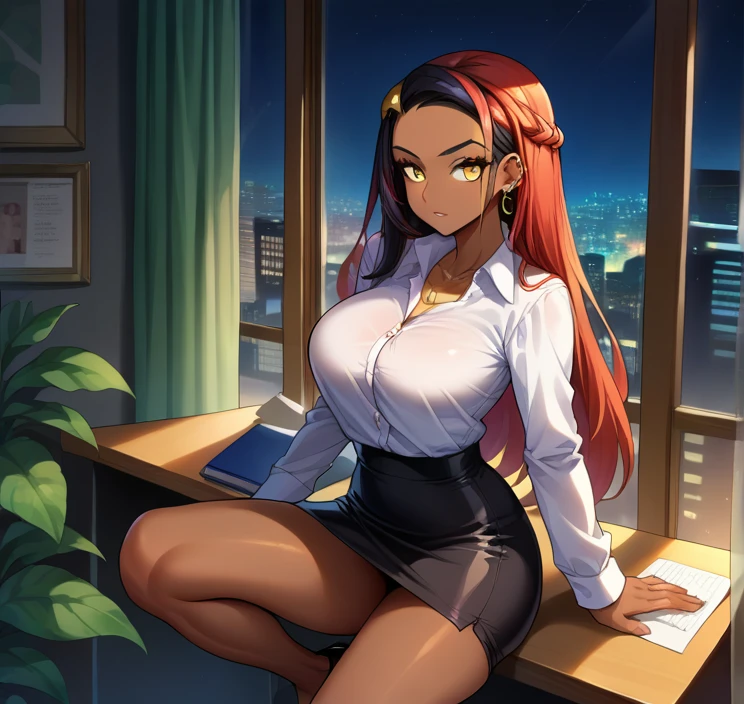 score_9, score_8_up,score_7_up, source_anime, 1girl, solo, EPpkNessa, gold eyes, black hair, red hair, streaked hair,, dark skin, dark-skinned female, necklace, ear piercing,bottonup shirt,high-waist skirt,pantyhoes,heels,office, at a dark room, at night , city view from the window, gyaru,Very Long Hair,Hair Slicked Back, 