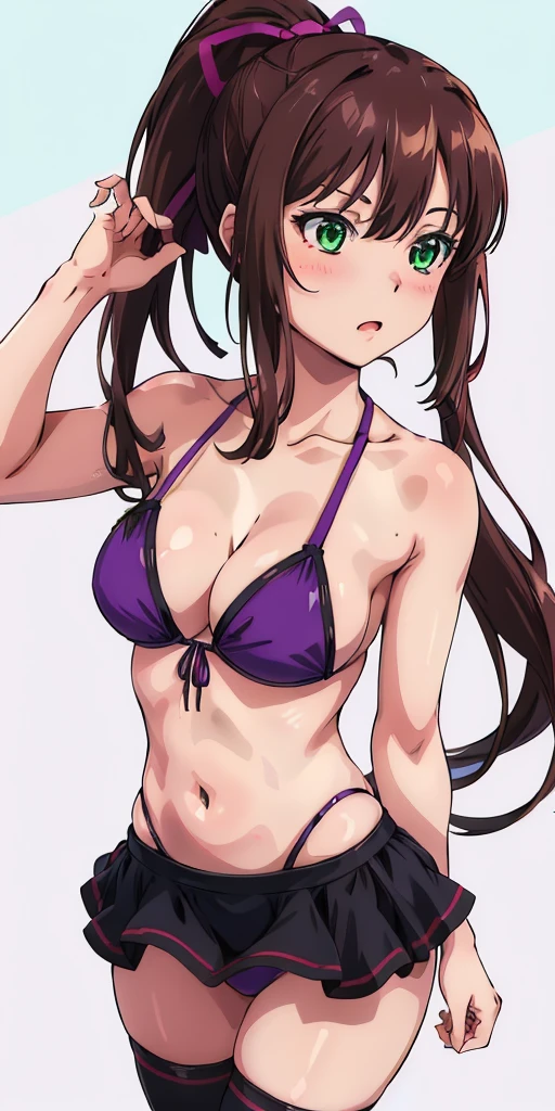 masterpiece, best quality,1girl,solo,kirasaka sayaka,brown hair,long hair,ponytail, hair ribbon, green eyes,,purple thighhighs, wariza, (bikini). 