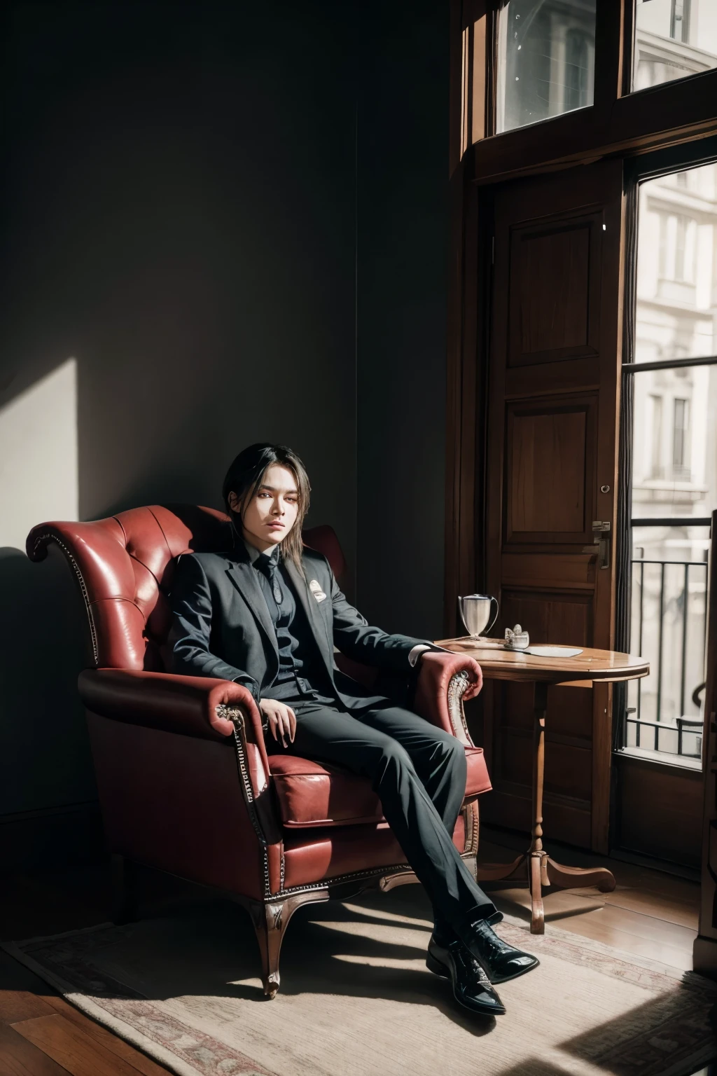 Demon sitting on a chair talking to a human