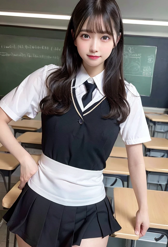 Highest quality, masterpiece,8k, Ultra-high resolution, （Smile）,(Realistic: 1.4), RAW Photos, Dynamic Pose,Black Hair,((uniform)),Young,1 girl, Glowing Skin, classroom, Dramatic lighting, whole body, high school girl,（underwear）