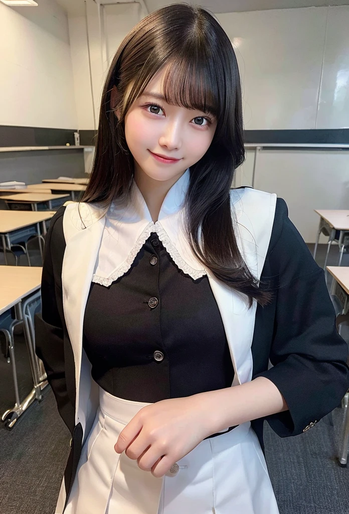 Highest quality, masterpiece,8k, Ultra-high resolution, （Smile）,(Realistic: 1.4), RAW Photos, Dynamic Pose,Black Hair,((uniform)),Young,1 girl, Glowing Skin, classroom, Dramatic lighting, whole body, high school girl,（underwear）