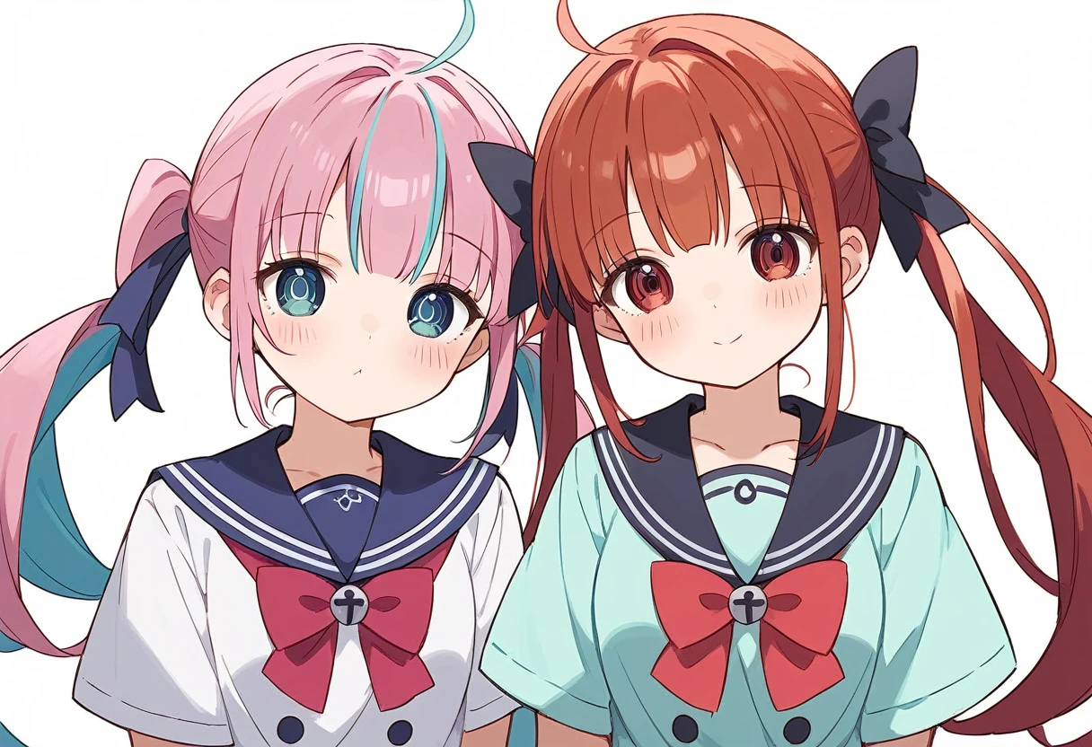 delicate、masterpiece、Highest quality、2 peopleの女の子、2 peopleだけ、2 people、virtual、cute、(((Houshou Marine，cute、Redhead、Twin tails，distinct eyes，The left eye is yellow and the right eye is red.，Captain's clothing、Haveは無し)))、(((Minato Aqua、cute、Light blue hair、Pink Hair、Sailor-like clothing、Have)))White Background、Flat Color、sketch