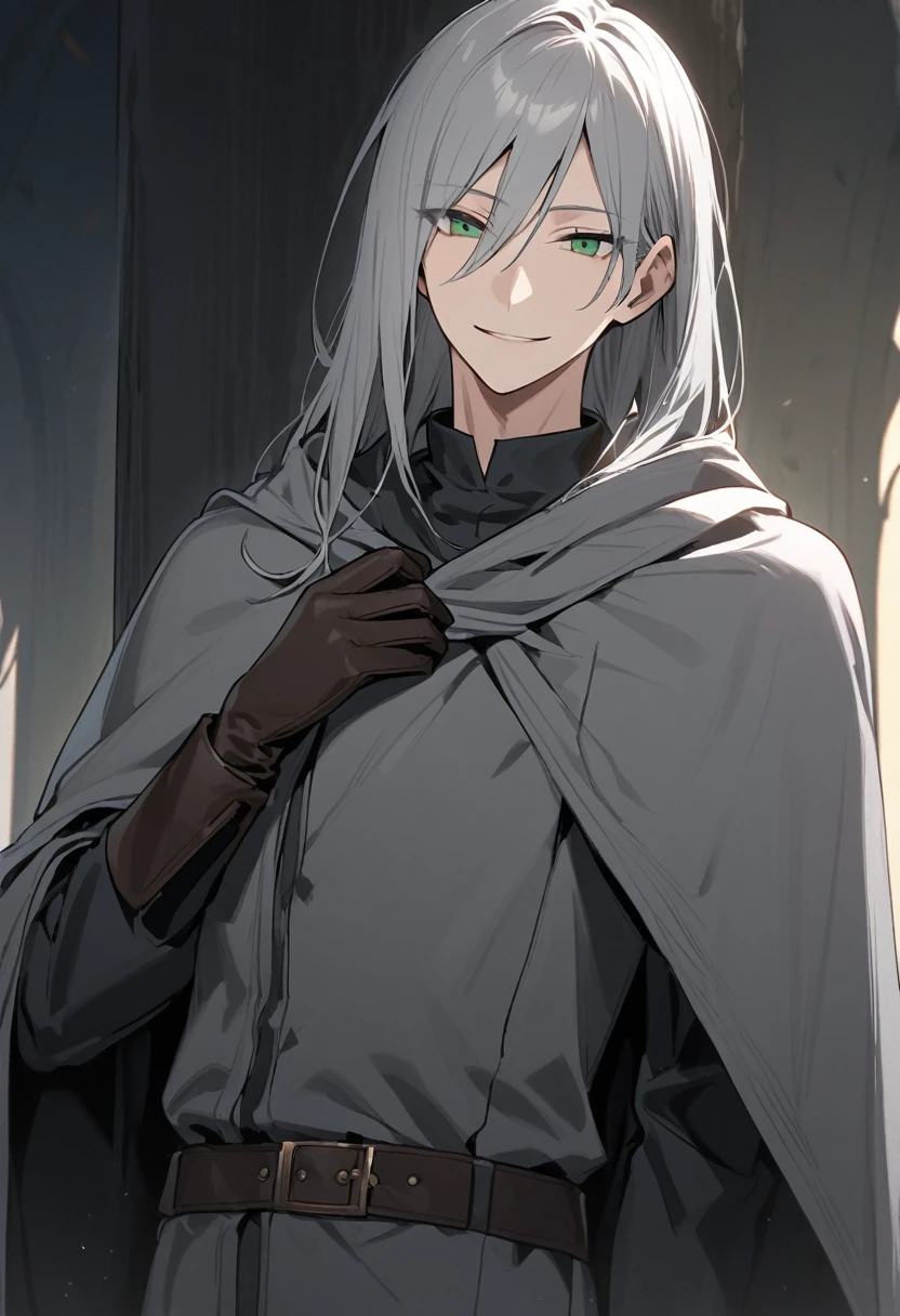 Solo-man, tall man, slender, shoulder length gray hair, green eyes, sly smile, gray robes, gray cloak, leather gloves