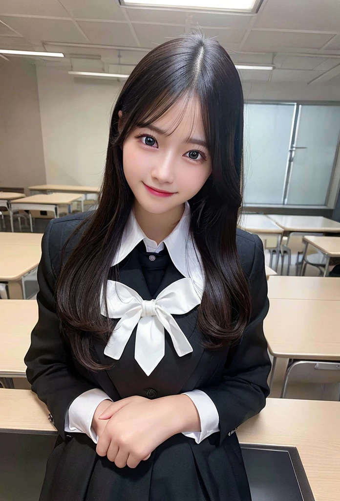 Highest quality, masterpiece,8k, Ultra-high resolution, （Smile）,(Realistic: 1.4), RAW Photos, Dynamic Pose,Black Hair,((uniform)),Young,1 girl, Glowing Skin, classroom, Dramatic lighting, whole body, high school girl,（underwear）