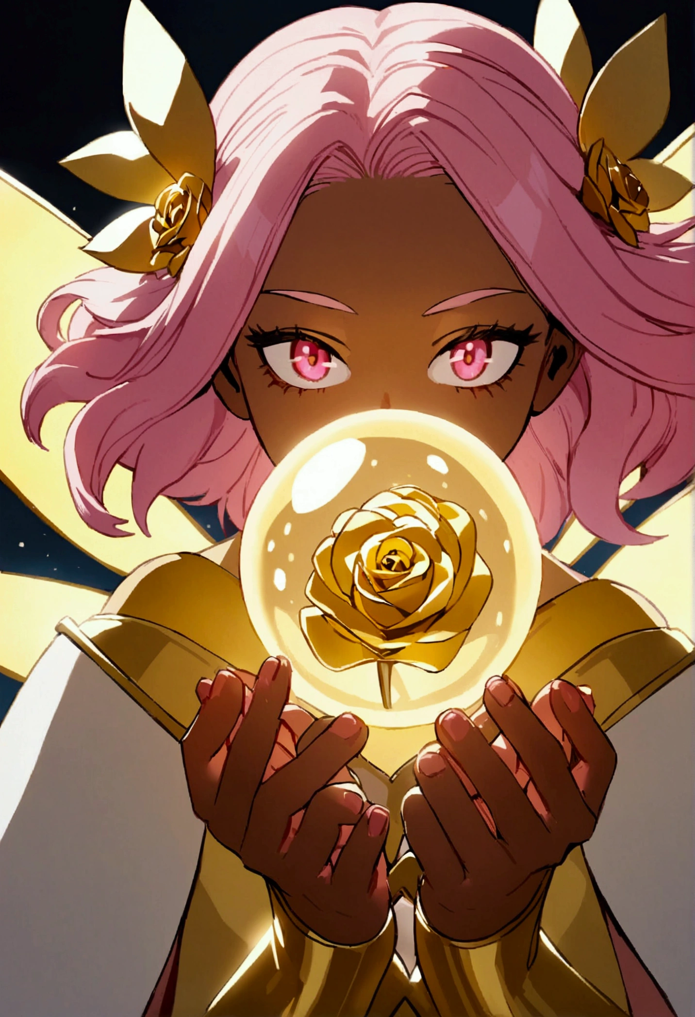 a girl with pink hair, dark complexion and golden fairy wings with a heroine costume and in her hands a golden rose and around it spheres of light in the style of my hero academia