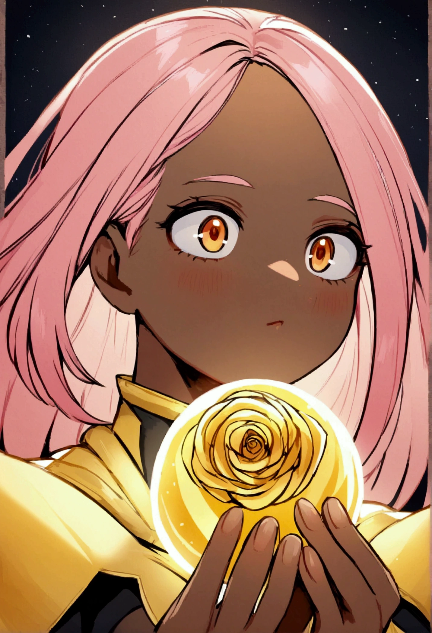 a girl with pink hair, dark complexion and golden fairy wings with a heroine costume and in her hands a golden rose and around it spheres of light in the style of my hero academia