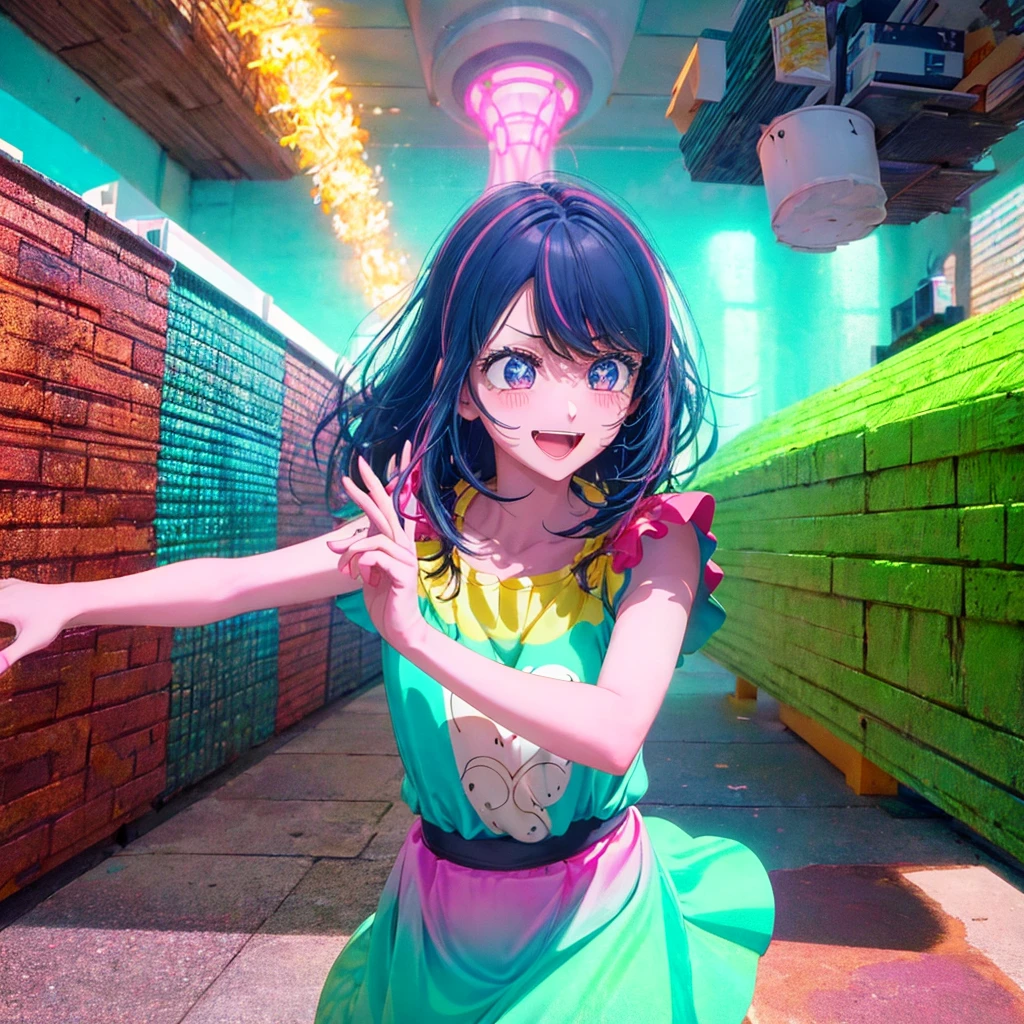 Create a vibrant and eye-catching anime-style thumbnail of a clumsy and naturally awkward girl. She should have bright, expressive eyes and a cheerful, slightly embarrassed smile. Her hair is styled in a playful, messy fashion with a fun, bright color like pastel pink or blue. Dress her in a cute, casual outfit such as a colorful dress or a fun, patterned top with a skirt. Illustrate her in a humorous or slightly chaotic situation—like dropping a stack of books, spilling a drink, or tripping over something—with exaggerated, playful expressions and movements. The background should be lively and engaging, with bright colors and dynamic elements that highlight her clumsiness and add visual interest to the thumbnail. Include some small, amusing details around her to enhance the playful and whimsical feel.