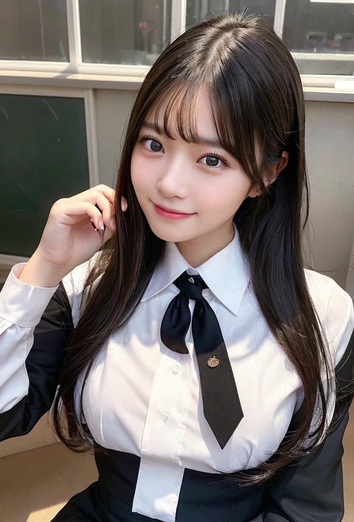 Highest quality, masterpiece,8k, Ultra-high resolution, （Smile）,(Realistic: 1.4), RAW Photos, Dynamic Pose,Black Hair,((uniform)),Young,1 girl, Glowing Skin, classroom, Dramatic lighting, whole body, high school girl,（naked）