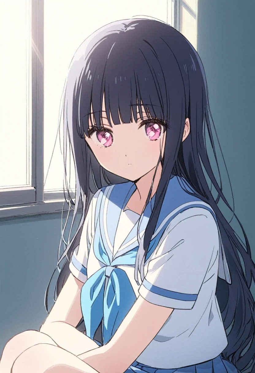 Dark blue hair、Long Hair、Straight Hair、Neat bangs、Pink Eyes、(/Yorozuka Mizore\)、girl、1 person、Single person、独奏、Anime characters、Expressionless、Lethargic eyes、Leaning against the wall、Sunlight streaming through the window、A corner of the classroom、Upper body only、Sitting、Keep your arms on your knees、Sailor suit with light blue collar、全体的に白色で水色のリボンの着いたセーラー服を着た一人のgirl