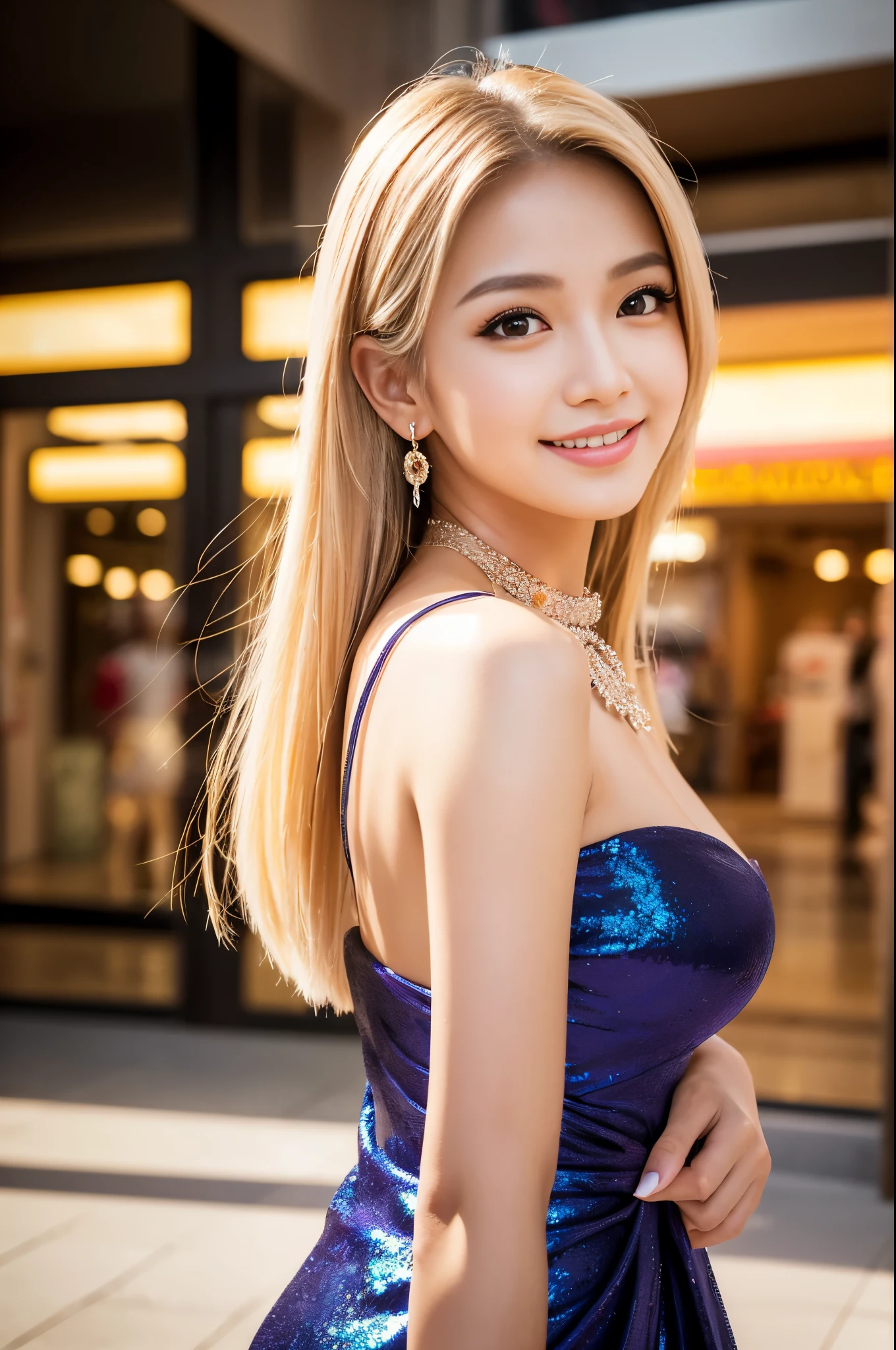 (masterpiece:1.4), (best quality:1.4), ultra high res, ultra high resolution, ((detailed facial features)), HDR, (realistic, photorealistic, photo-realistic:1.37), closeup, sexy seductive Thai woman, (seductive smile), long lashes, beautiful makeup, platinum blonde hair, fair skin, slender figure, elegant posture, wearing large sparkling colorful jewelery, wearing a business style leather dress, standing in a large shopping mall, gentle sunlight shining through the shopping mall windows, casting a soft glow on her face, adding warmth to the scene, vibrant colors, capturing the essence of vibrant city life, portrait style, showcasing her natural beauty and grace in a feminine way