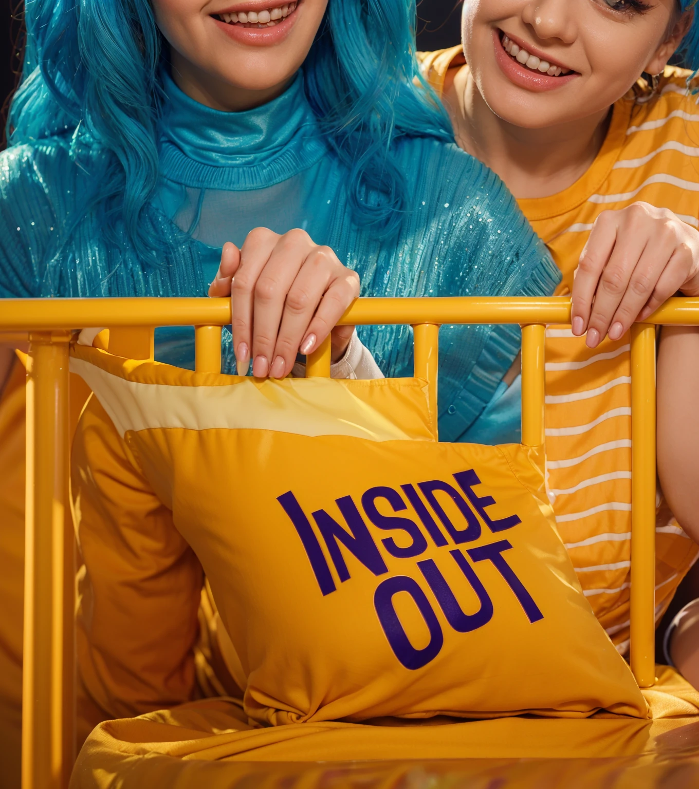 This image vibrantly captures a playful scene featuring Riley Andersen from "Inside Out," surrounded by characters styled as animated emotions from the movie. The blue-haired girl on the left symbolizes creativity and intelligence with her glasses and a radiant smile. Beside her, the girl with orange hair and a spirited expression represents enthusiasm and energy. At the center, toddler Riley, with her big blue eyes and starry pajamas, embodies innocence and is the focal point of the emotional journey depicted in "Inside Out." To her right, the girl with blue hair in a green dress could represent a quirky, imaginative aspect, while the young man in a white shirt and red gloves adds a touch of strength and leadership. They are all gathered around a crib, exuding warmth and a sense of camaraderie, perhaps symbolizing a supportive family or a collective of guiding emotions, each playing a role in nurturing Riley's growth and experiences. The "Inside Out" pillow and Riley's outfit further tie into the theme of exploring internal emotions and their impact on the outer world. vibrant contrast to his attire and accessories.аffects render, (glossy plastic texture with multiple big light probe refractions), perfect cgi, smooth silhouette, high intensity refraction, (super glossy plastic material), most beautiful vfx, , realistic, 4k, high resolution, rim light, smooth 3d model, multiple light sources, rim light, sharp post effects render,, realistic, 4k, high resolution, rim light detailed digital art, reflective, best quality, 4k, masterpiece:1.2, ultra-detailed, realistic, vivid colors, The image of the highest quality, ensuring every detail showcased perfectly. It in 4k resolution, allowing viewers to immerse themselves in the richness of the colors and intricate details. The realistic rendering. under the spotlight, reflecting, high-resolution image, realistic rendering