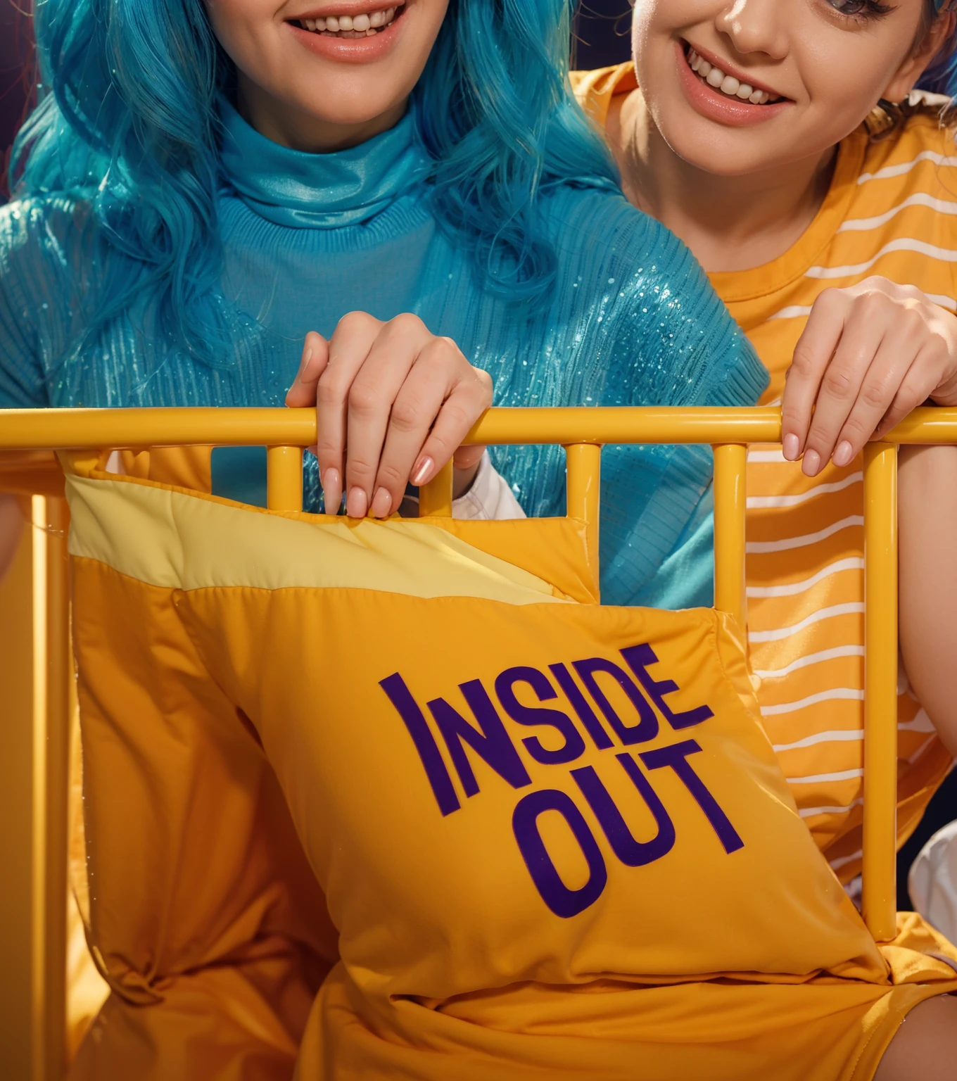 This image vibrantly captures a playful scene featuring Riley Andersen from "Inside Out," surrounded by characters styled as animated emotions from the movie. The blue-haired girl on the left symbolizes creativity and intelligence with her glasses and a radiant smile. Beside her, the girl with orange hair and a spirited expression represents enthusiasm and energy. At the center, toddler Riley, with her big blue eyes and starry pajamas, embodies innocence and is the focal point of the emotional journey depicted in "Inside Out." To her right, the girl with blue hair in a green dress could represent a quirky, imaginative aspect, while the young man in a white shirt and red gloves adds a touch of strength and leadership. They are all gathered around a crib, exuding warmth and a sense of camaraderie, perhaps symbolizing a supportive family or a collective of guiding emotions, each playing a role in nurturing Riley's growth and experiences. The "Inside Out" pillow and Riley's outfit further tie into the theme of exploring internal emotions and their impact on the outer world. vibrant contrast to his attire and accessories.аffects render, (glossy plastic texture with multiple big light probe refractions), perfect cgi, smooth silhouette, high intensity refraction, (super glossy plastic material), most beautiful vfx, , realistic, 4k, high resolution, rim light, smooth 3d model, multiple light sources, rim light, sharp post effects render,, realistic, 4k, high resolution, rim light detailed digital art, reflective, best quality, 4k, masterpiece:1.2, ultra-detailed, realistic, vivid colors, The image of the highest quality, ensuring every detail showcased perfectly. It in 4k resolution, allowing viewers to immerse themselves in the richness of the colors and intricate details. The realistic rendering. under the spotlight, reflecting, high-resolution image, realistic rendering