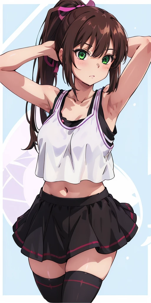 masterpiece, best quality,1girl,solo,kirasaka sayaka,brown hair,long hair,ponytail, hair ribbon, green eyes,,purple thighhighs, wariza, (cropped tank top, skirt). 