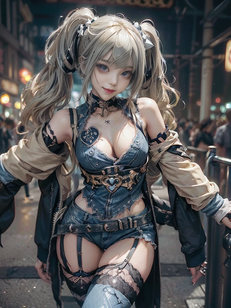 (Full Body View:1.2)、(Full body:1.3)、(Smiling with teeth showing:1.3),(Shibuya Gal:1.5)、(Beautiful:1.4)、(gothic  fashion:1.5)、(Punk RockVisual Kei:1.3)、(Futuristic baby doll in black, white and denim:1.5)、(A delicate jacket in beige, black and navy:1.5)、(Denim garter belt:1.5)、(Denim and black and white bodysuit:1.4)、(Heart-shaped silver accessories:1.5)、(Brown Skin Belt:1.4)、(Blue High Heels:1.4)、(Lace patterned underwear:1.4)、28 years old、NSFW,((Highest quality、In 8K、masterpiece:1.3))、Sharp focus:1.2、(Layered Cut、Beautiful boobs:1.1),Beautiful woman with perfect figure:1.4、(Doing an aerobics pose:1.3)、Slender Abs:1.2、Butt、Highly detailed face and skin texture、Detailed eyes、double eyelid,(Twin tails:1.3)、(Light gold colored hair:1.3)、Obscene、Gravure idol、(Luxurious amusement park at night:1.3)、(Make your legs thinner:1.4)、(Thin thighs:1.4)、(Slim Body:1.3)、(clavicle:1.1)