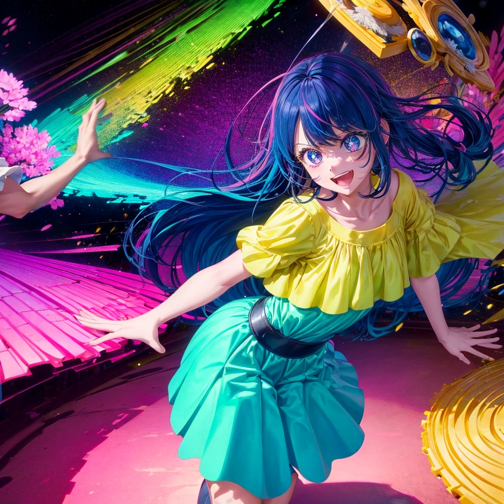 Create a vibrant and eye-catching anime-style thumbnail of a clumsy and naturally awkward girl. She should have bright, expressive eyes and a cheerful, slightly embarrassed smile. Her hair is styled in a playful, messy fashion with a fun, bright color like pastel pink or blue. Dress her in a cute, casual outfit such as a colorful dress or a fun, patterned top with a skirt. Illustrate her in a humorous or slightly chaotic situation—like dropping a stack of books, spilling a drink, or tripping over something—with exaggerated, playful expressions and movements. The background should be lively and engaging, with bright colors and dynamic elements that highlight her clumsiness and add visual interest to the thumbnail. Include some small, amusing details around her to enhance the playful and whimsical feel.