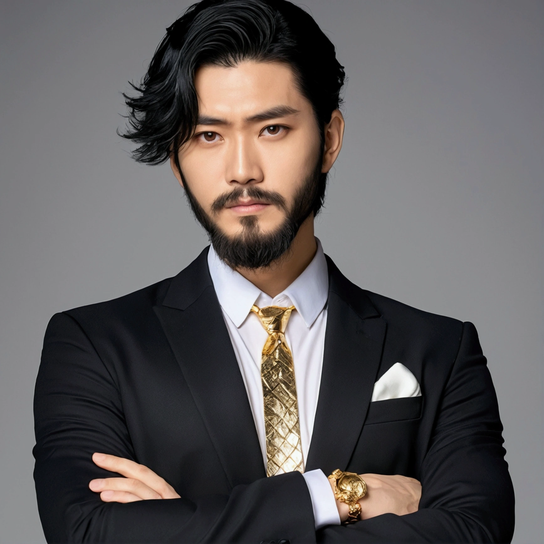 Anime Style、ID photo、A single male with black hair and a beard、Wearing a gold necklace、Wearing a suit and with his arms crossed。The man is drawn in a manga-like style.、Has strength and charisma。