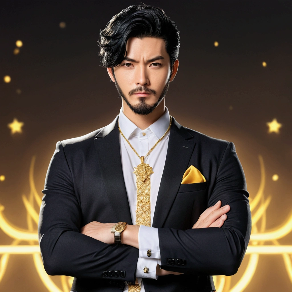 Anime Style、ID photo、A single male with black hair and a beard、Wearing a gold necklace、Wearing a suit and with his arms crossed。The man is drawn in a manga-like style.、Has strength and charisma。
