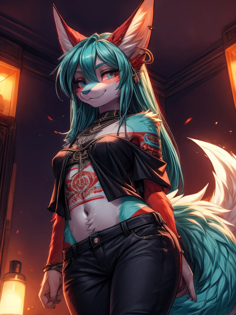 Miku Hatsune, add high definition_detail:1, blue fur,kitsune ears, tribal tattoo add_detail:1,Put in the leg, Walking position during the full moon showing her beautiful figure and outfit. (black bare shoulder blouse, HE LOWERS HIS PANTS ) sweaty body add_details:1, smiling add_detailsl:1, ear piercing add_detail:1, covering position in bed add_detail, horny girl add_detail:1, seductive position add_detail:1, RED Saturation, photo style lighting add_detail:1