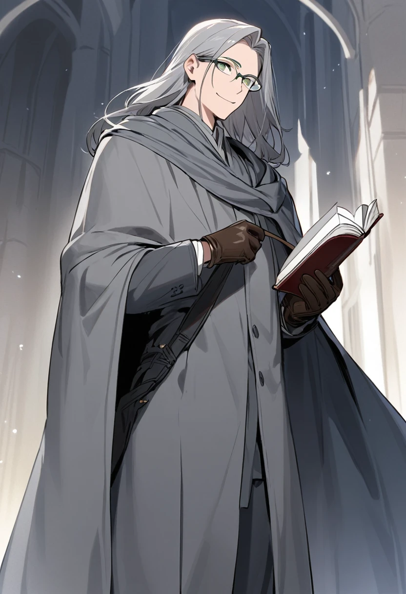 Solo-man, tall man, Middle-aged, slender, shoulder length gray hair, green eyes, glasses, sly smile, gray robes, gray cloak, leather gloves, book in hand