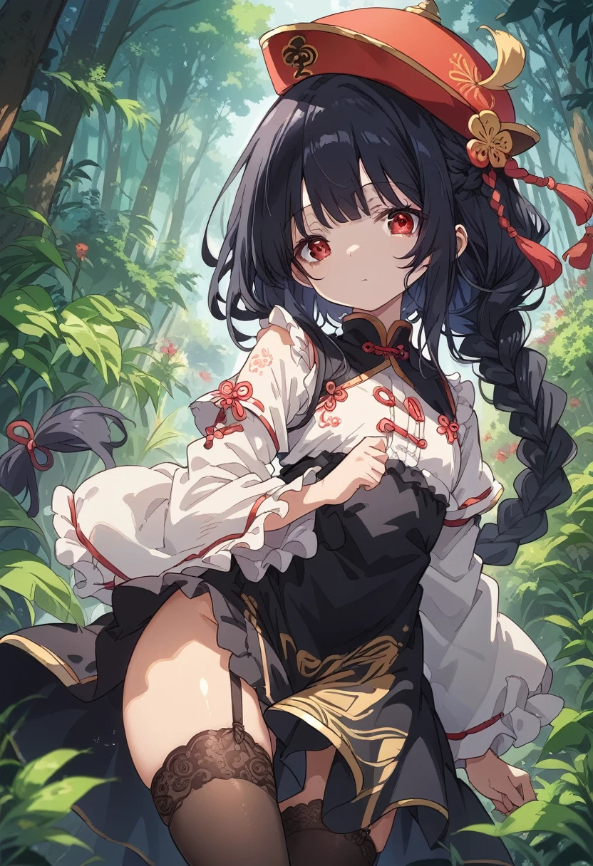 BREAK Perfect Anatomy、(High resolution:1.2)、Incredible illustrations、(Cute illustrations:1.2)、(nsfw) (Beautiful background(forest)) 1 girl(Black hair, long hair, single braid, red eyes,tattoos, )(young adult woman:2.0)
(Very baggy China Hat, long ruffled sleeves, jiangshi cheongsam, yellow and black apron, garter stockings)
(black hair, long hair, single braid)
(white skin, expressionless)