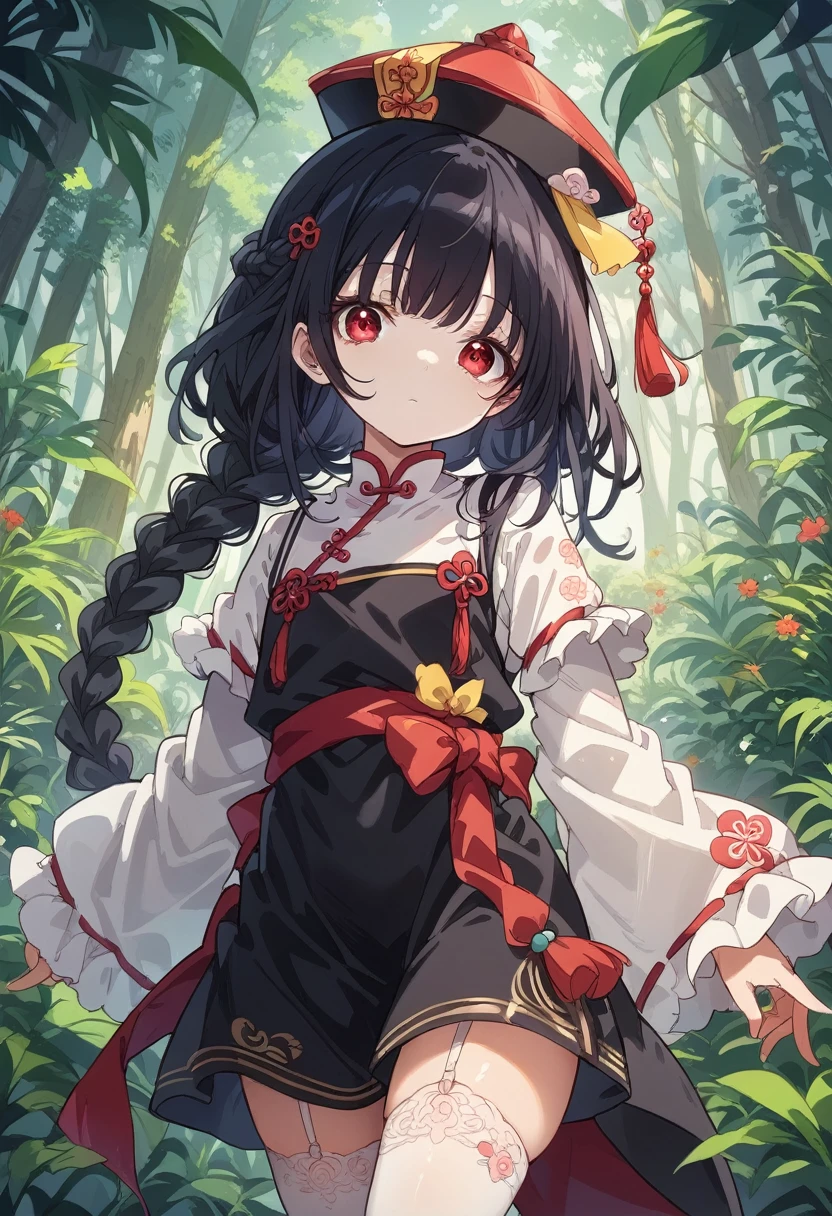 BREAK Perfect Anatomy、(High resolution:1.2)、Incredible illustrations、(Cute illustrations:1.2)、(nsfw) (Beautiful background(forest)) 1 girl(Black hair, long hair, single braid, red eyes,tattoos, )(young adult woman:2.0)
(Very baggy China Hat, long ruffled sleeves, jiangshi cheongsam, yellow and black apron, garter stockings)
(black hair, long hair, single braid)
(white skin, expressionless)