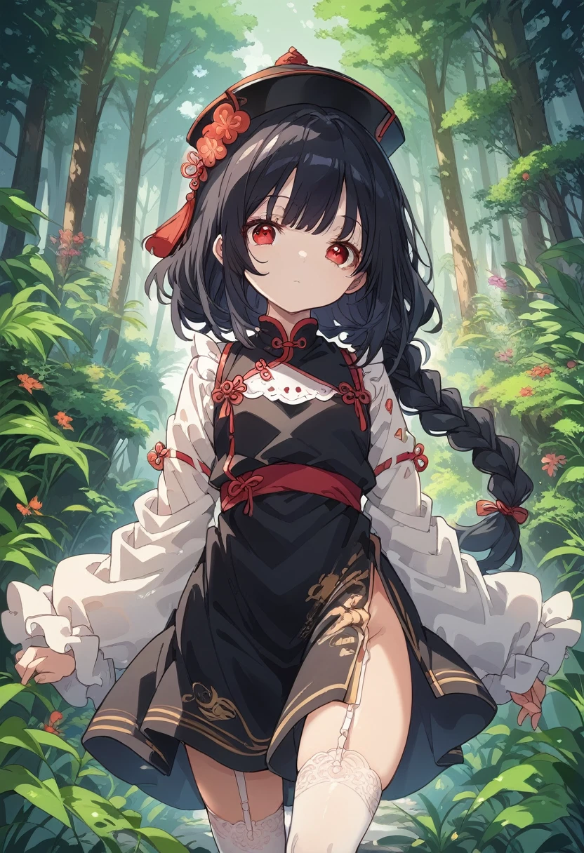 BREAK Perfect Anatomy、(High resolution:1.2)、Incredible illustrations、(Cute illustrations:1.2)、(nsfw) (Beautiful background(forest)) 1 girl(Black hair, long hair, single braid, red eyes,tattoos, )(young adult woman:2.0)
(Very baggy China Hat, long ruffled sleeves, jiangshi cheongsam, yellow and black apron, garter stockings)
(black hair, long hair, single braid)
(white skin, expressionless)