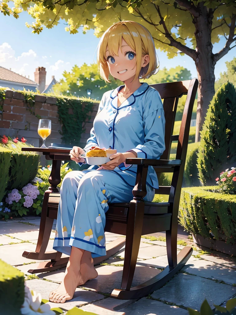 Create a 3D poster inspired by Disney bid. From a cheerful 80-year-old woman, with elegant pajamas, sitting in a rocking chair, a little table with breakfast,in a nice garden, in a dawn atmosphere 