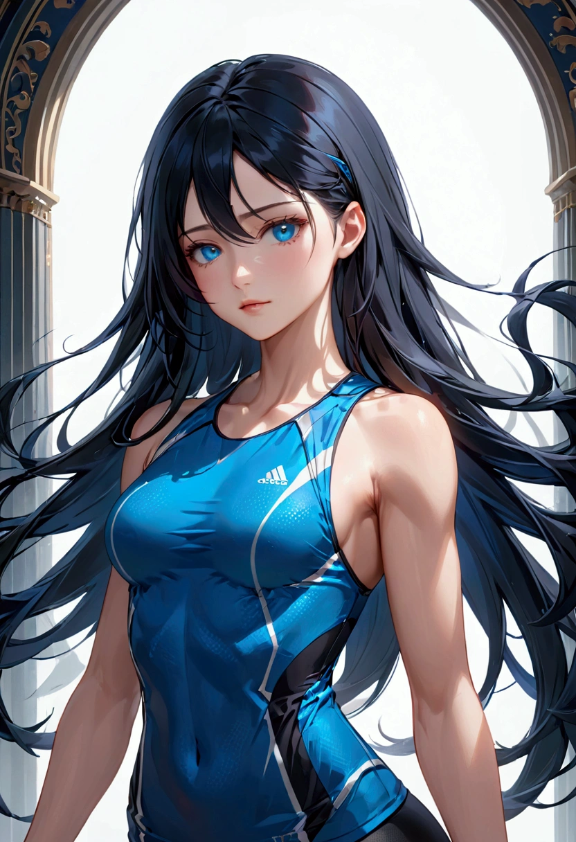 Girl with long black hair that are blue on inside. Blue eyes with an tall athletic body,aesthetic, high resolution, detailed, 8k