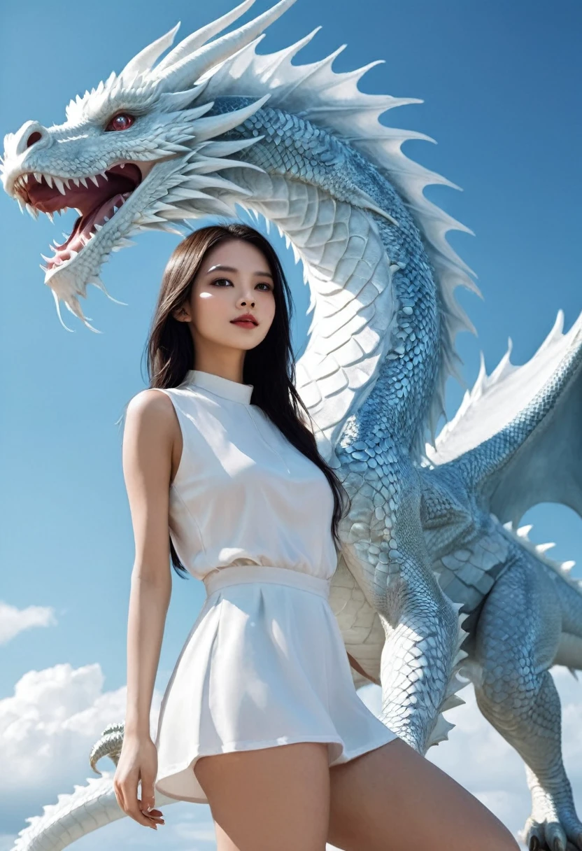 Beautifull women and white dragon blue sky