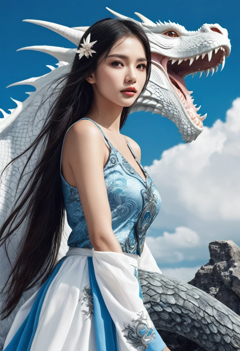 Beautifull women and white dragon blue sky..full body