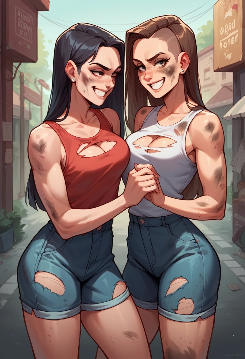 Two Girls,((Two Girls)),cute,Browsing Caution, ,Bobcut,,Long Hair.glamorous, Sensual, stand, dirty street,Torn wear,, Grin ,dirty,Improve